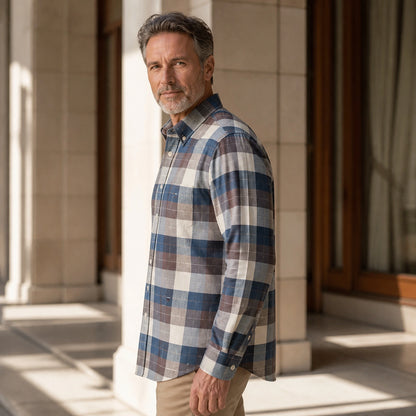 Taupe and Slate Plaid Oxford Shirt Side View — view 22