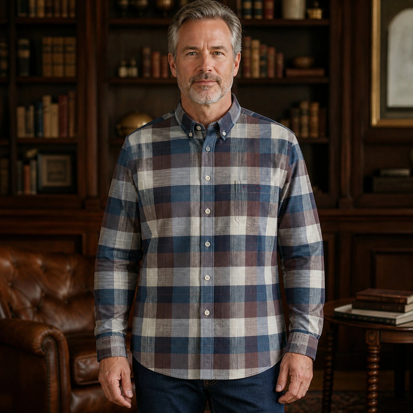 Taupe and Slate Plaid Oxford Shirt Front View — view 4