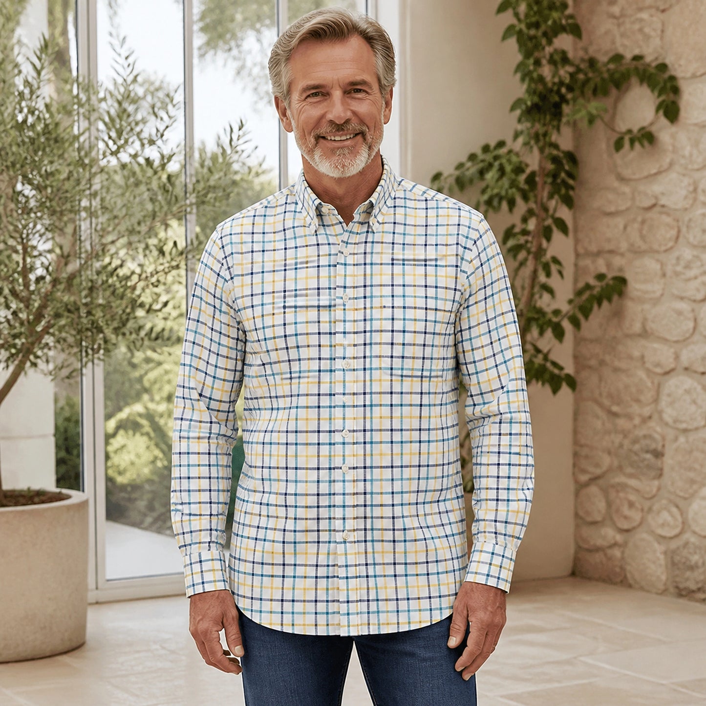 White Multicolor Plaid Oxford Shirt Front View — view 5