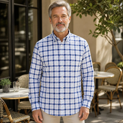 Blue and White Plaid Oxford Shirt Front View — view 6