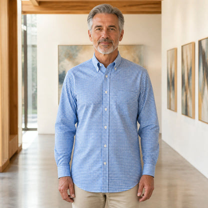 Blue Micro Gingham Oxford Shirt Front View — view 7