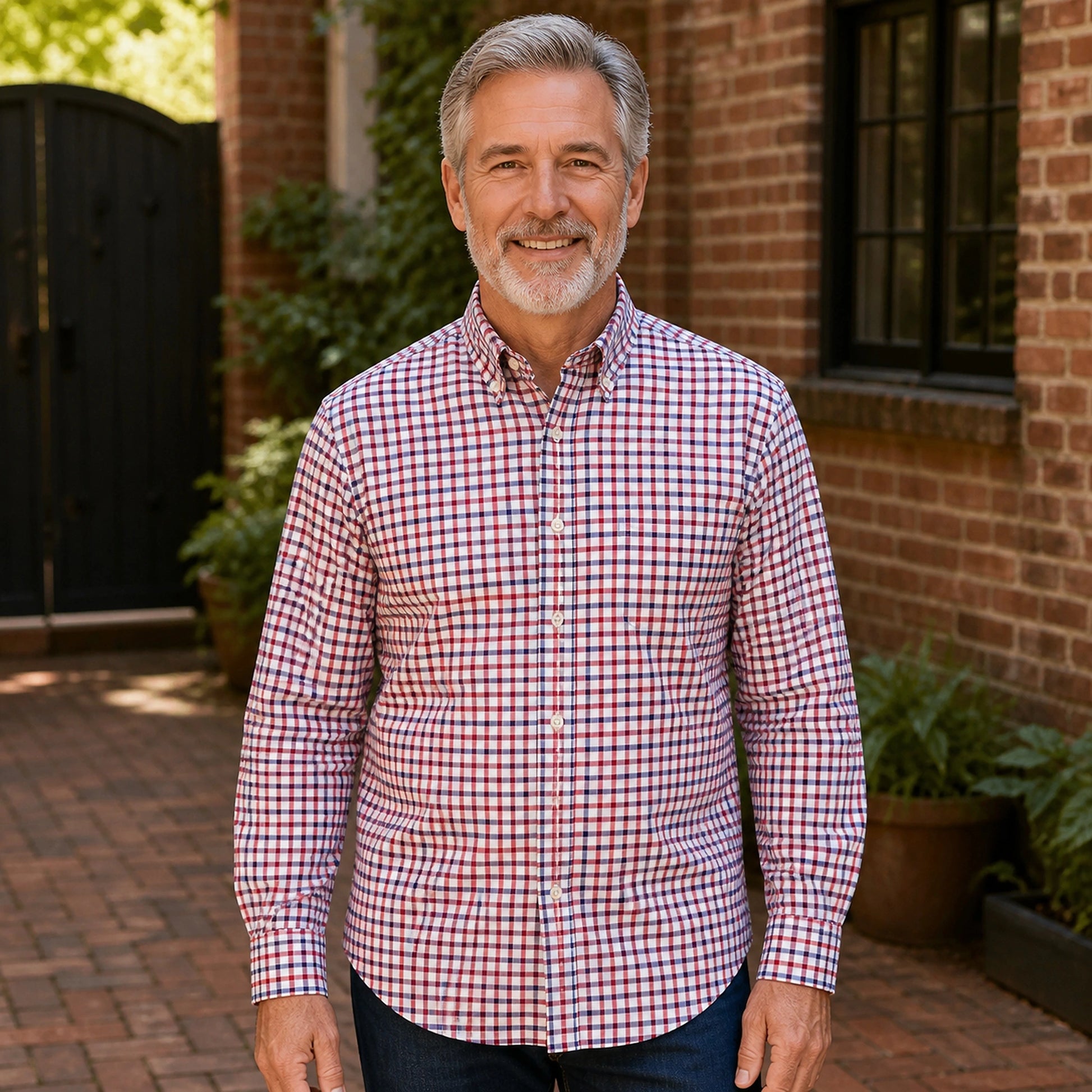 Red and Navy Tattersall Oxford Shirt Front View — view 9