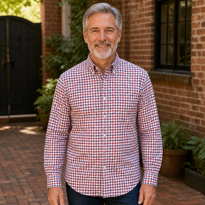 Red and Navy Tattersall Oxford Shirt Front View — view 9