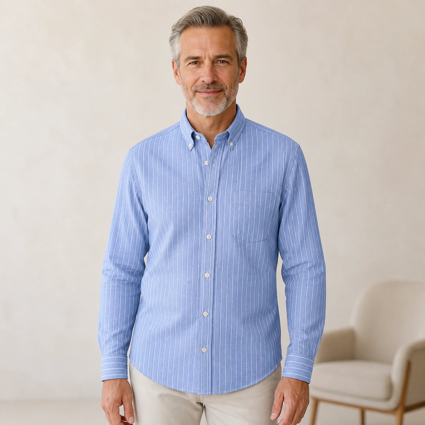 Light Blue Pinstripe slim fit cotton Oxford shirt front view on a mature male model — view 10