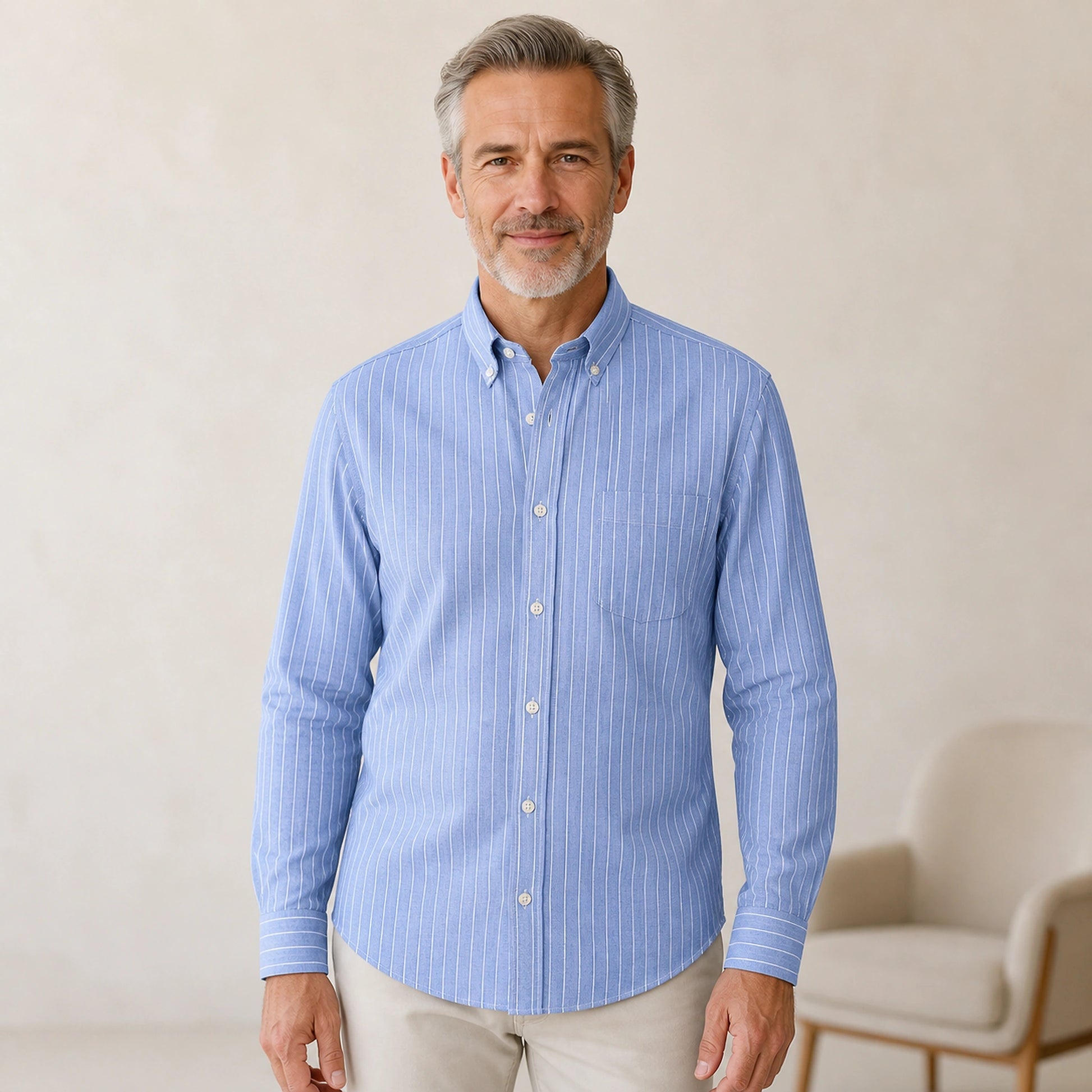 Light Blue Pinstripe slim fit cotton Oxford shirt front view on a mature male model — view 10