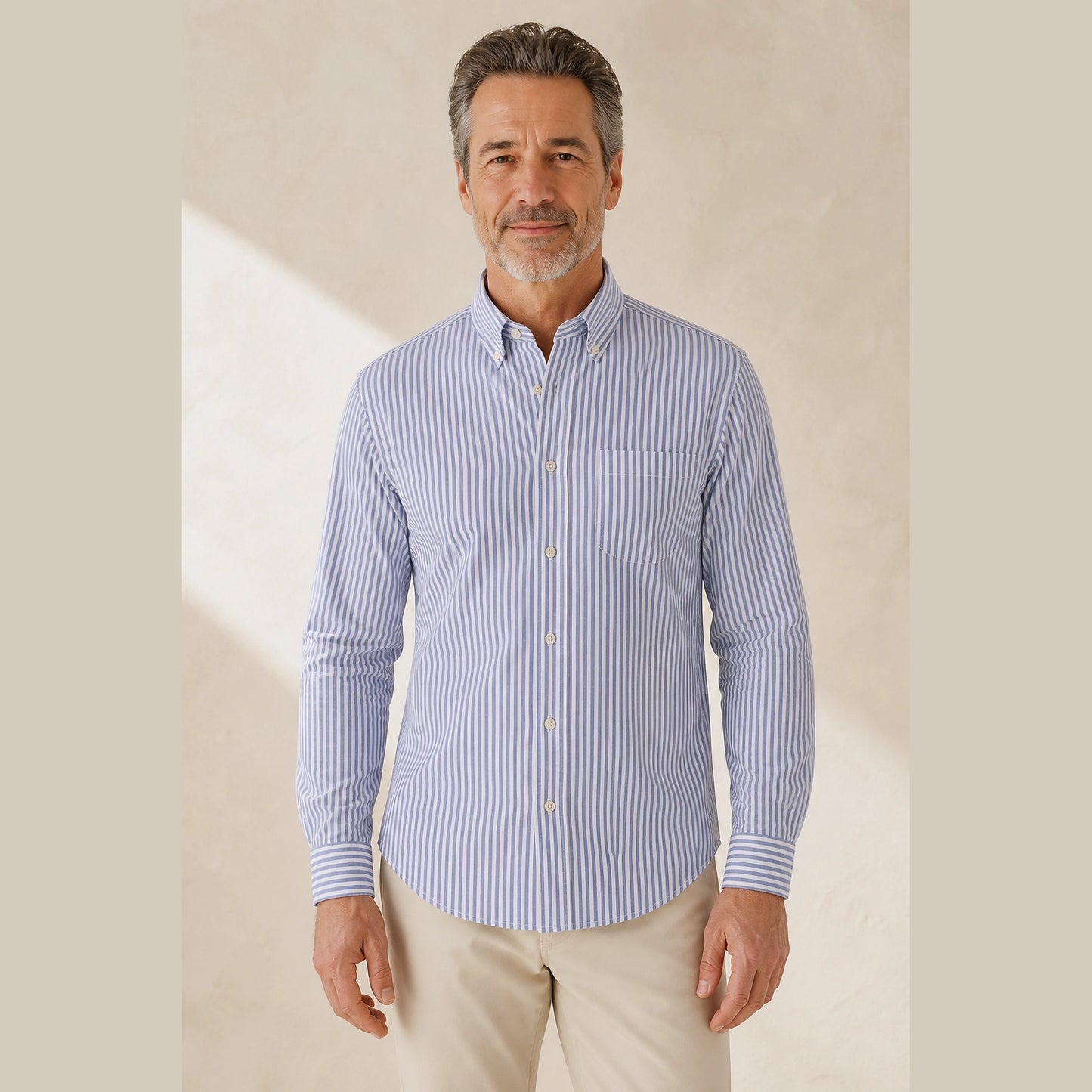 Blue Pinstripe slim fit cotton Oxford shirt front view on a mature male model — view 11