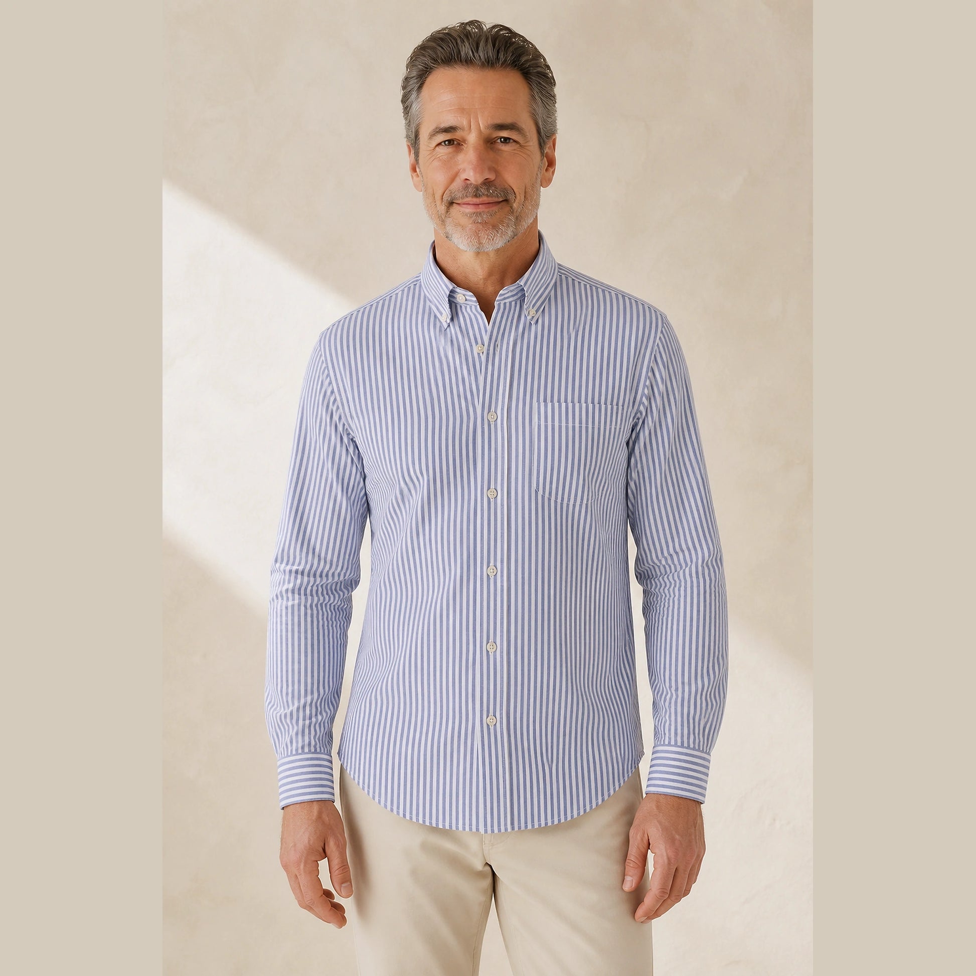 Blue Pinstripe slim fit cotton Oxford shirt front view on a mature male model — view 11