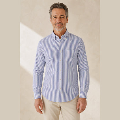 Blue Pinstripe slim fit cotton Oxford shirt front view on a mature male model — view 11