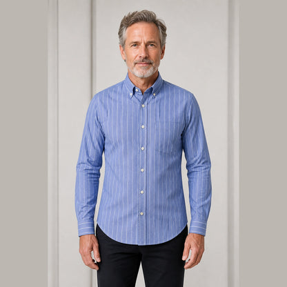 oxford shirt — Blue Oxford Stripe slim fit cotton shirt front view on a mature male model — view 13