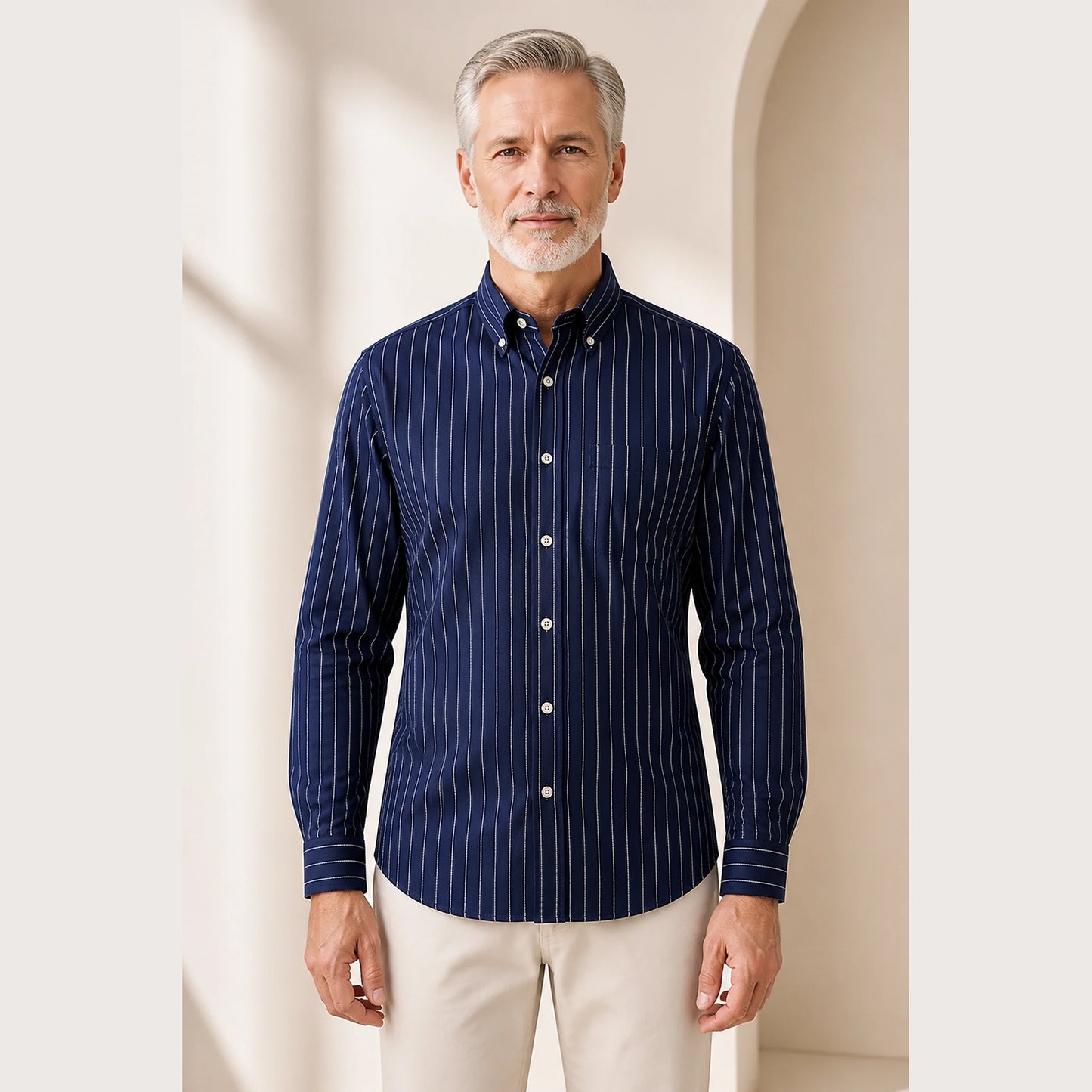 Navy Pinstripe slim fit cotton Oxford shirt front view on a mature male model — view 14