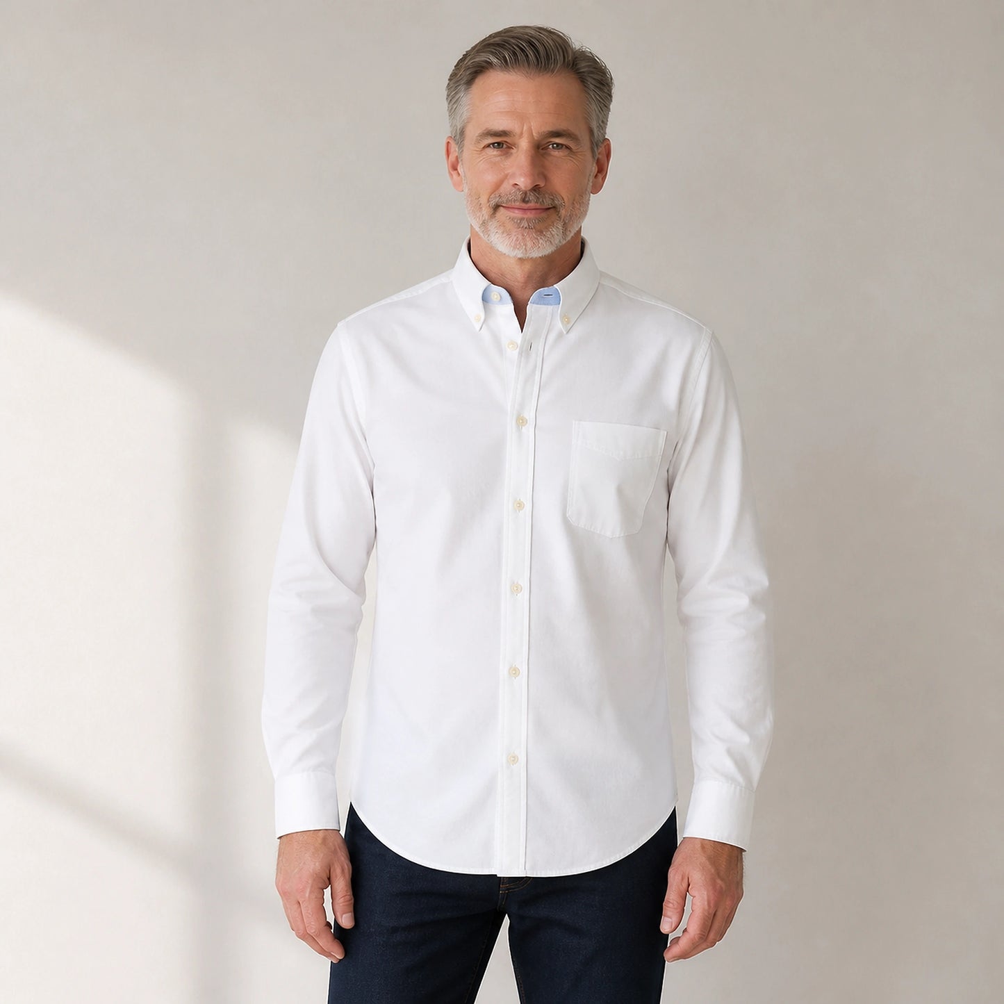 White slim fit cotton Oxford shirt front view on a mature male model — view 15