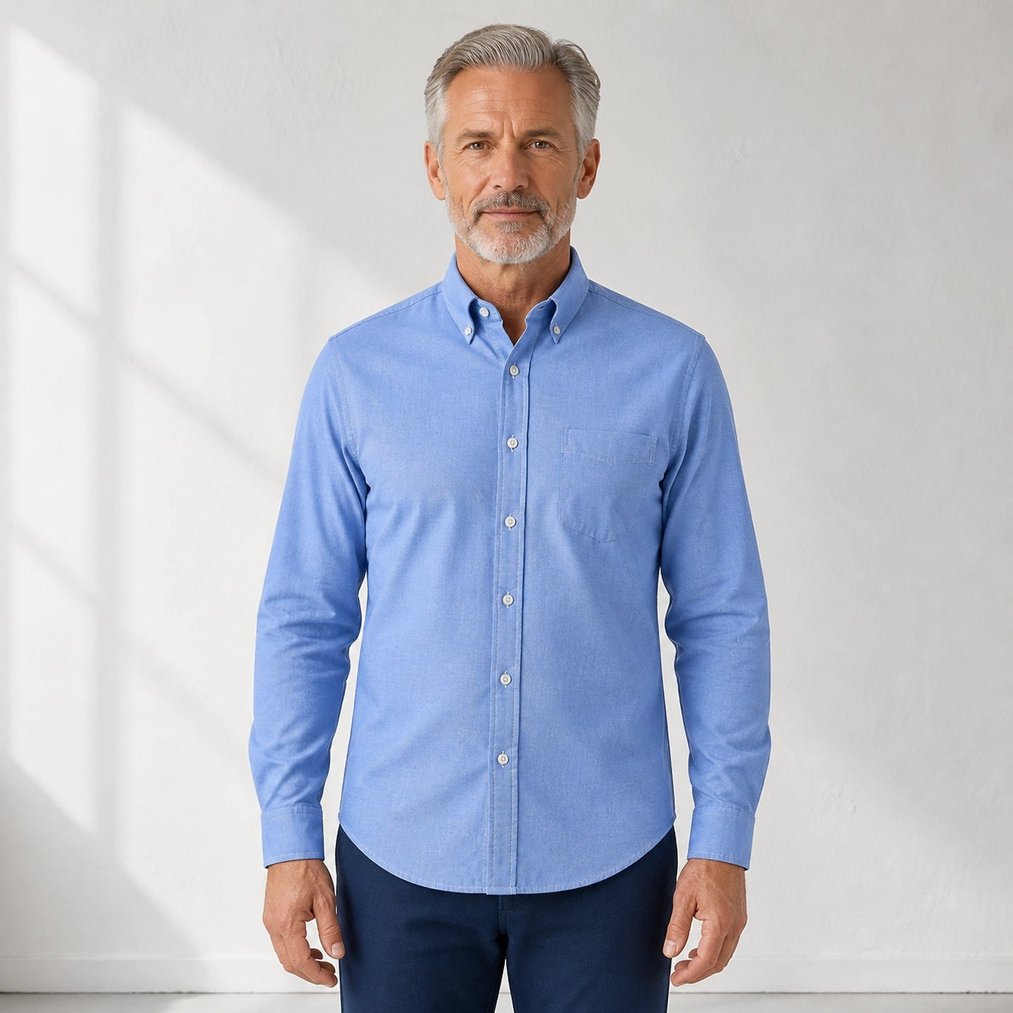 Light Blue slim fit cotton Oxford shirt front view on a mature male model — view 16