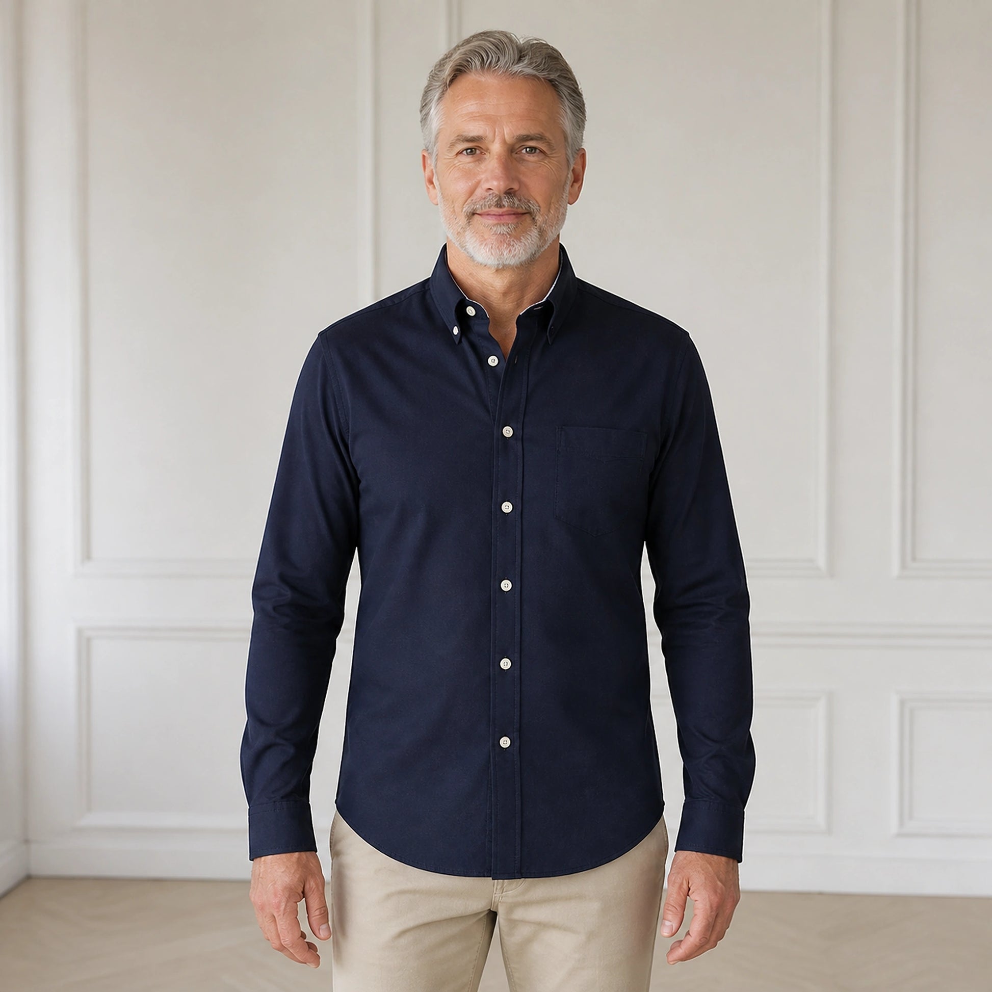 Navy Blue slim fit cotton Oxford shirt front view on a mature male model — view 18