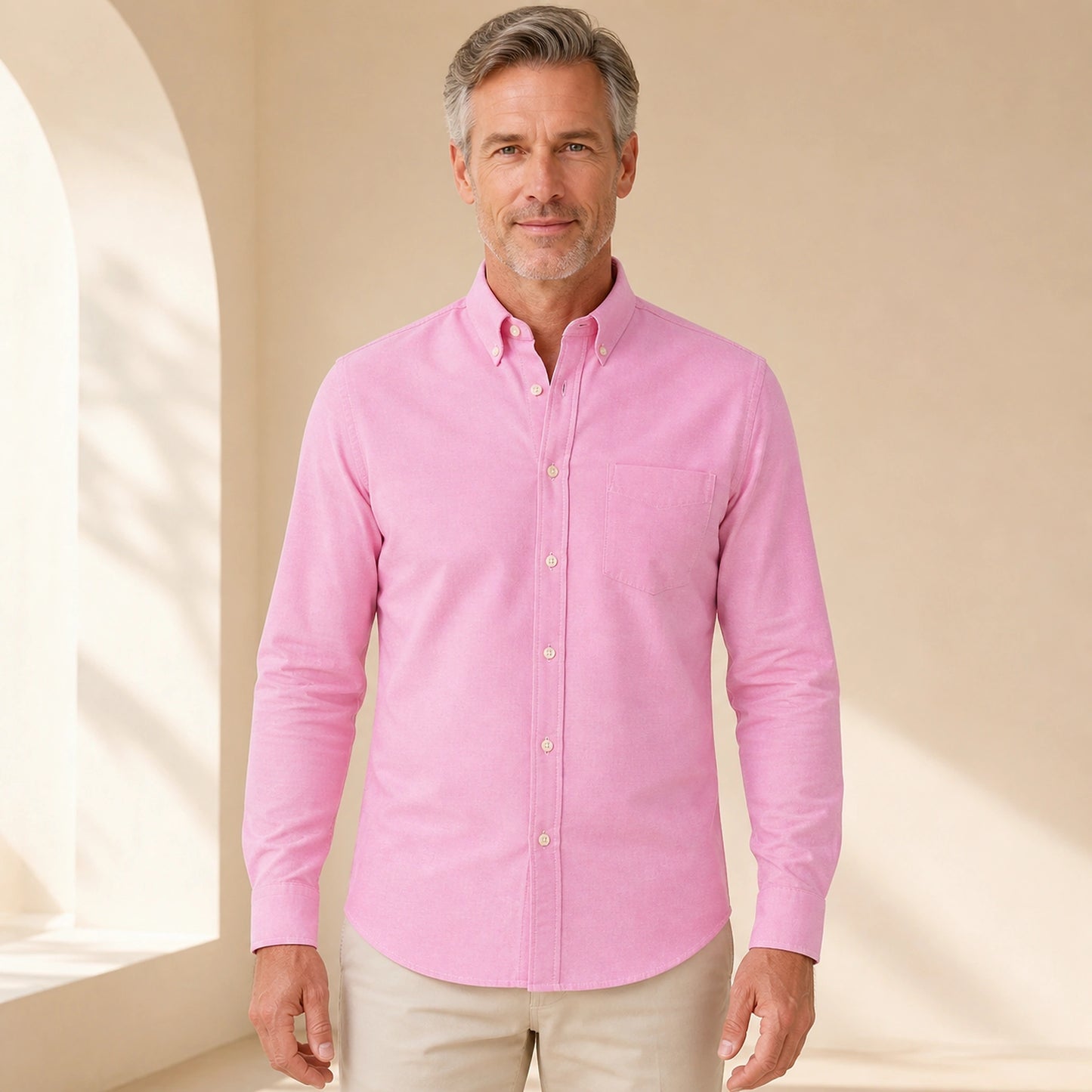 Pink slim fit cotton Oxford shirt front view on a mature male model — view 19