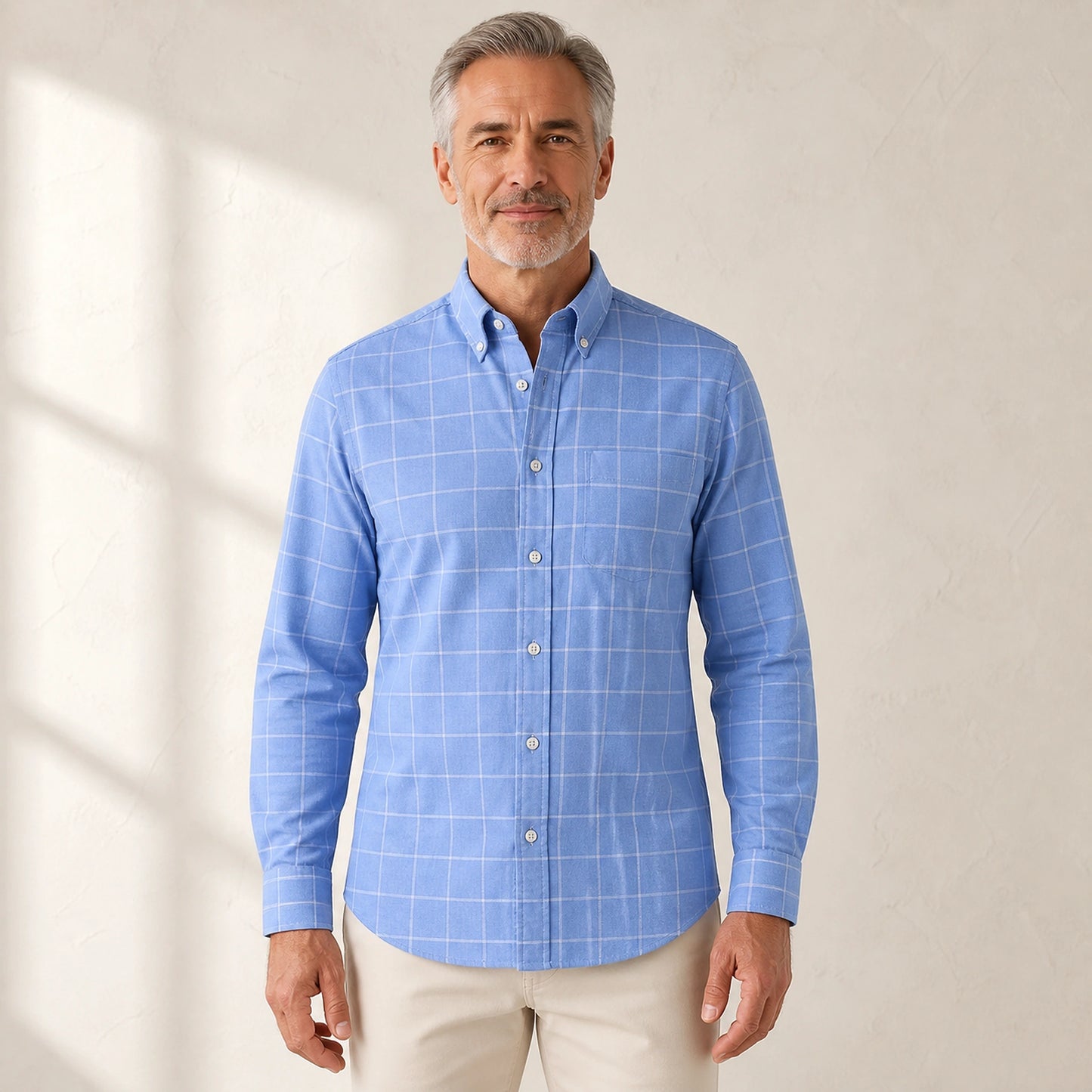 Light Blue Windowpane slim fit cotton Oxford shirt front view on a mature male model — view 2