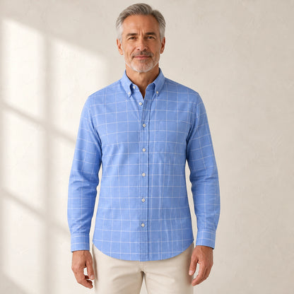 Light Blue Windowpane slim fit cotton Oxford shirt front view on a mature male model — view 2