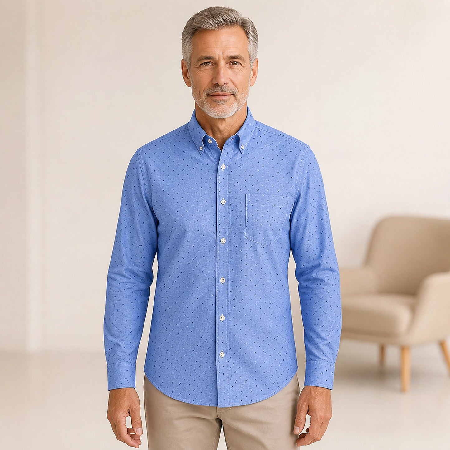 Blue Dotted slim fit cotton Oxford shirt front view on a mature male model — view 20