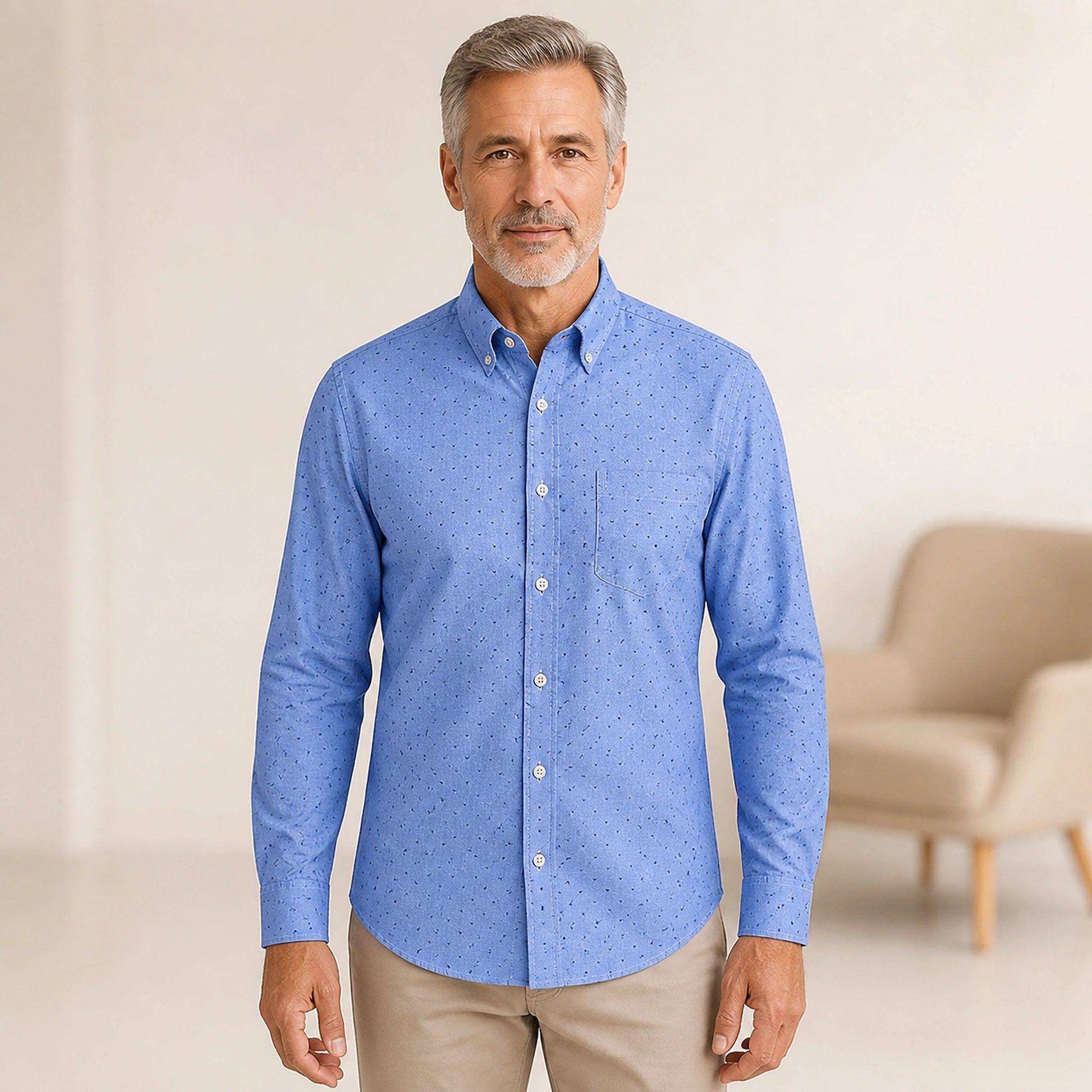 Blue Dotted slim fit cotton Oxford shirt front view on a mature male model — view 20