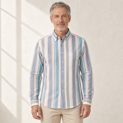 Gray, Blue Coral Stripe slim fit cotton Oxford shirt front view on a mature male model — view 21
