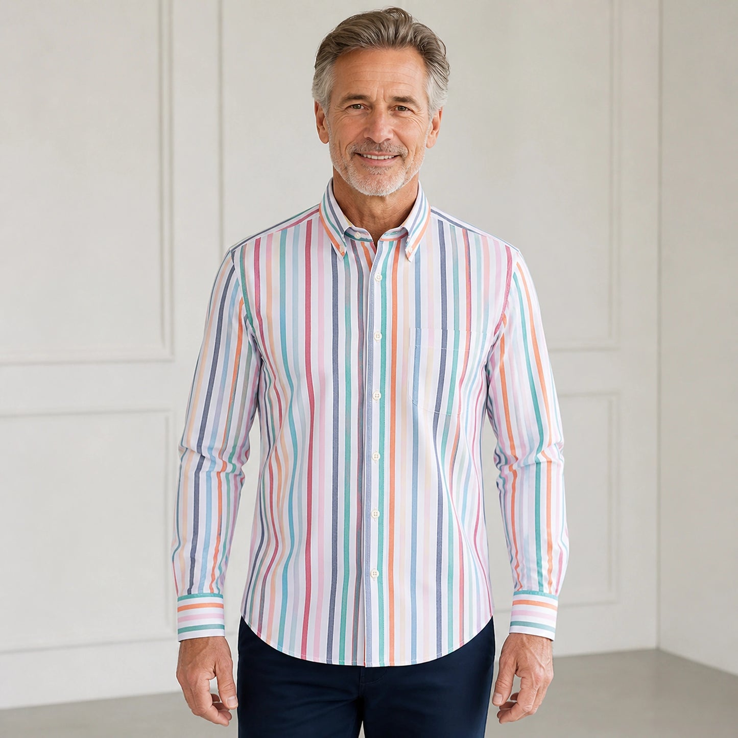 Pastel Multicolor Stripe slim fit cotton Oxford shirt front view on a mature male model — view 23