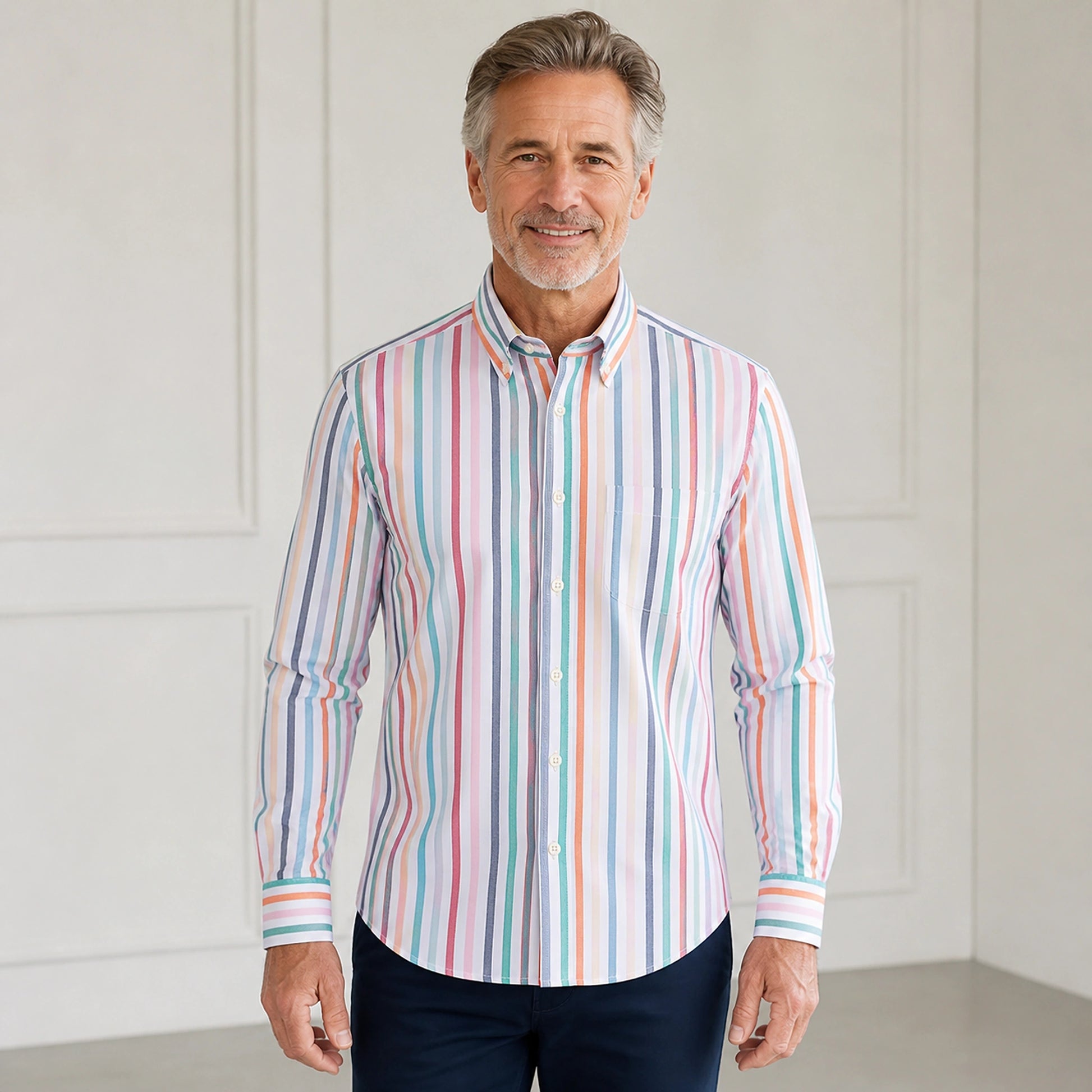 Pastel Multicolor Stripe slim fit cotton Oxford shirt front view on a mature male model — view 23