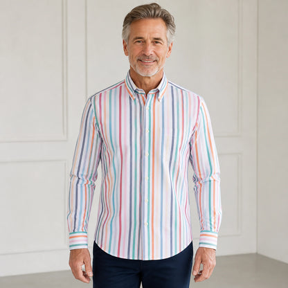 Pastel Multicolor Stripe slim fit cotton Oxford shirt front view on a mature male model — view 23