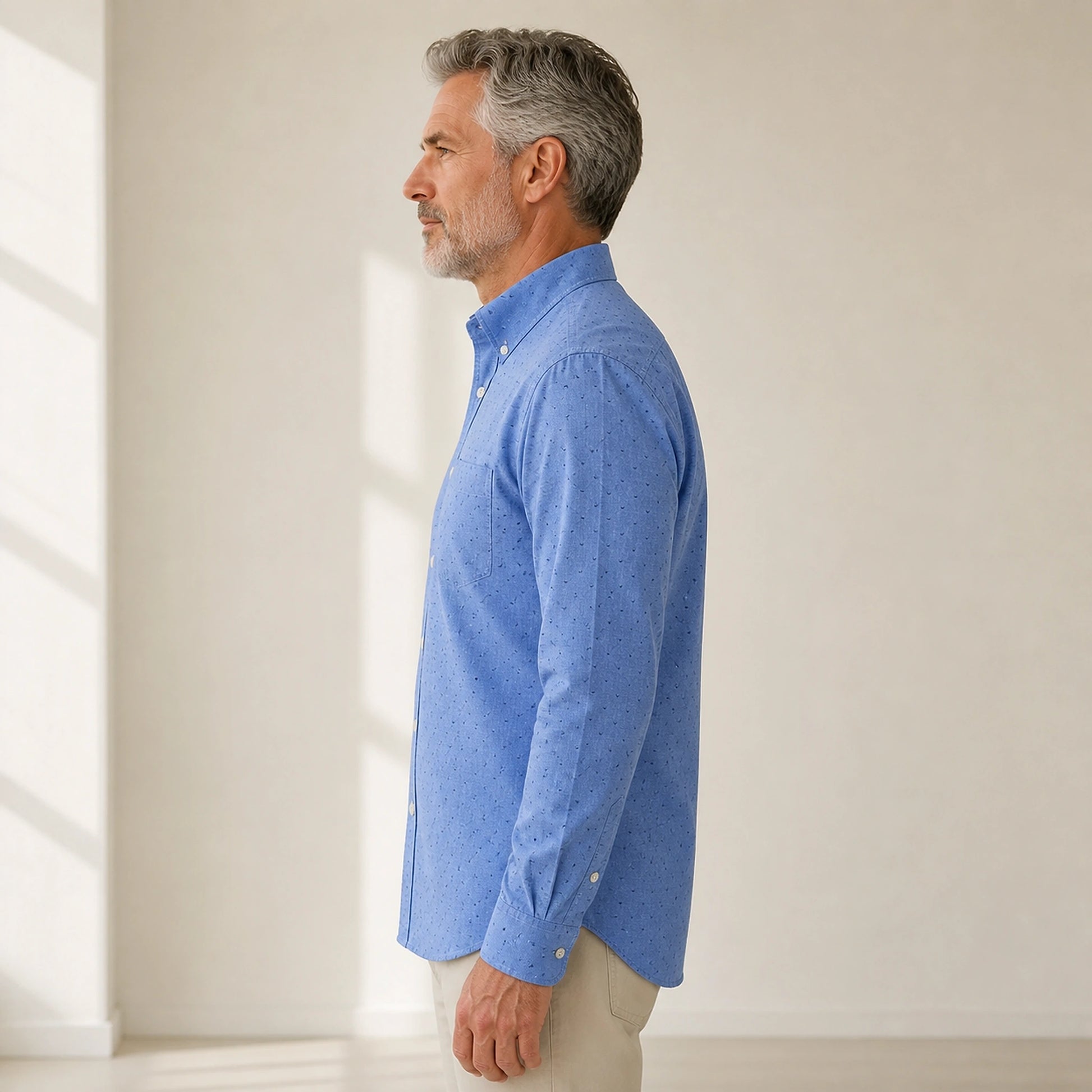 Blue Dotted slim fit cotton Oxford shirt true side view on a mature male model — view 26