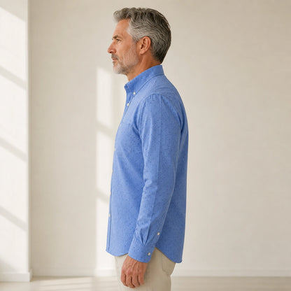 Blue Dotted slim fit cotton Oxford shirt true side view on a mature male model — view 26