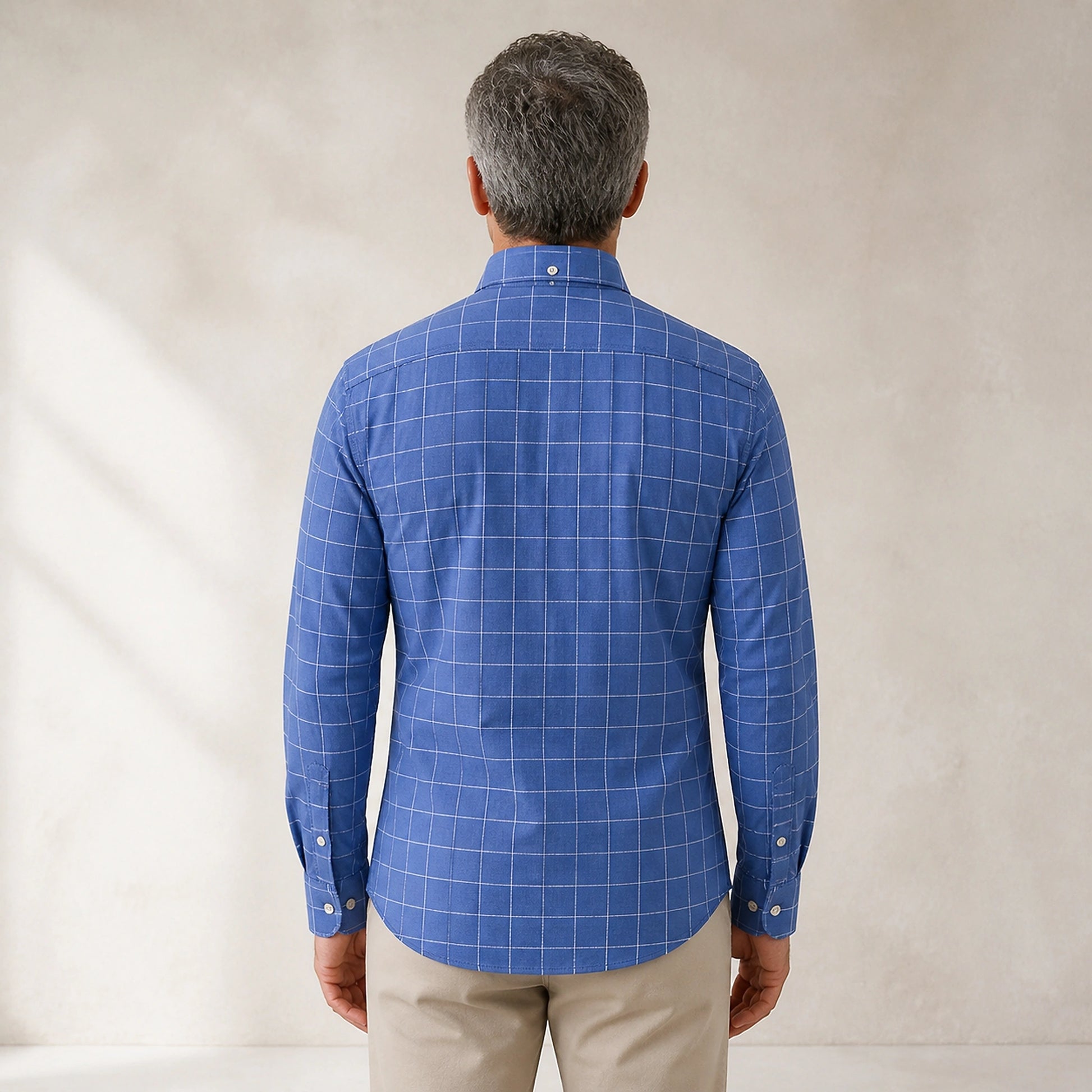 Blue Windowpane slim fit cotton Oxford shirt true back view on a mature male model — view 27