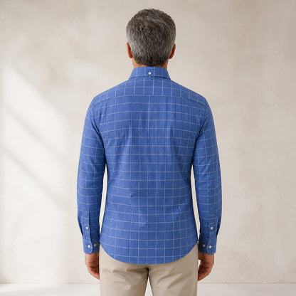 Blue Windowpane slim fit cotton Oxford shirt true back view on a mature male model — view 27