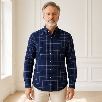 Navy Windowpane slim fit cotton Oxford shirt front view on a mature male model — view 4