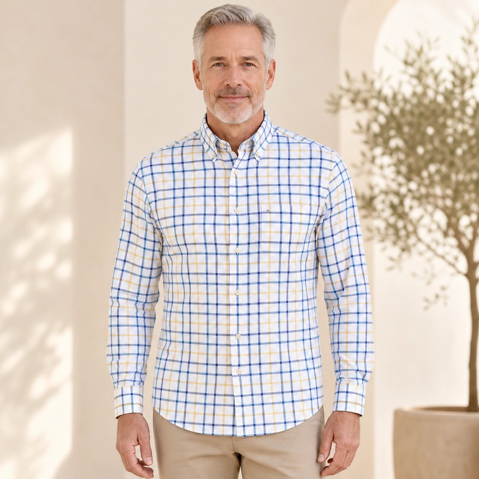 Blue Yellow Plaid slim fit cotton Oxford shirt front view on a mature male model — view 5