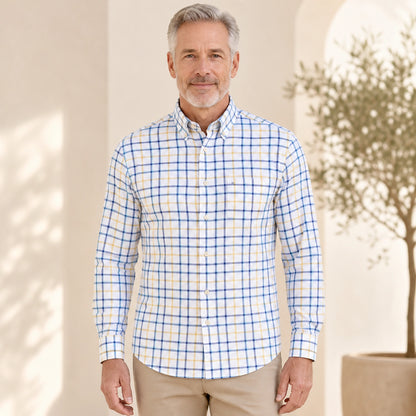 Blue Yellow Plaid slim fit cotton Oxford shirt front view on a mature male model — view 5
