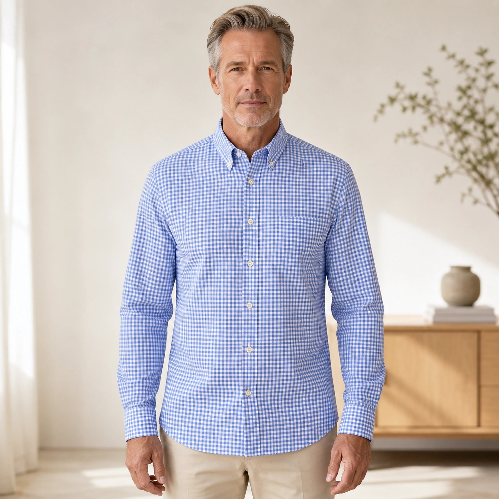Light Blue Gingham slim fit cotton Oxford shirt front view on a mature male model — view 7