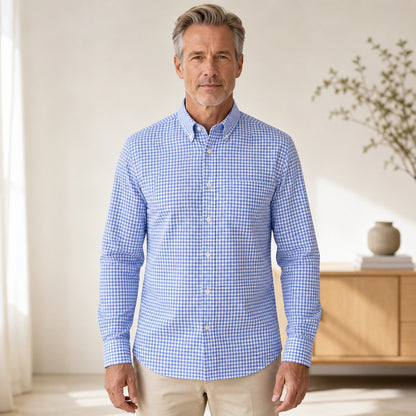 Light Blue Gingham slim fit cotton Oxford shirt front view on a mature male model — view 7