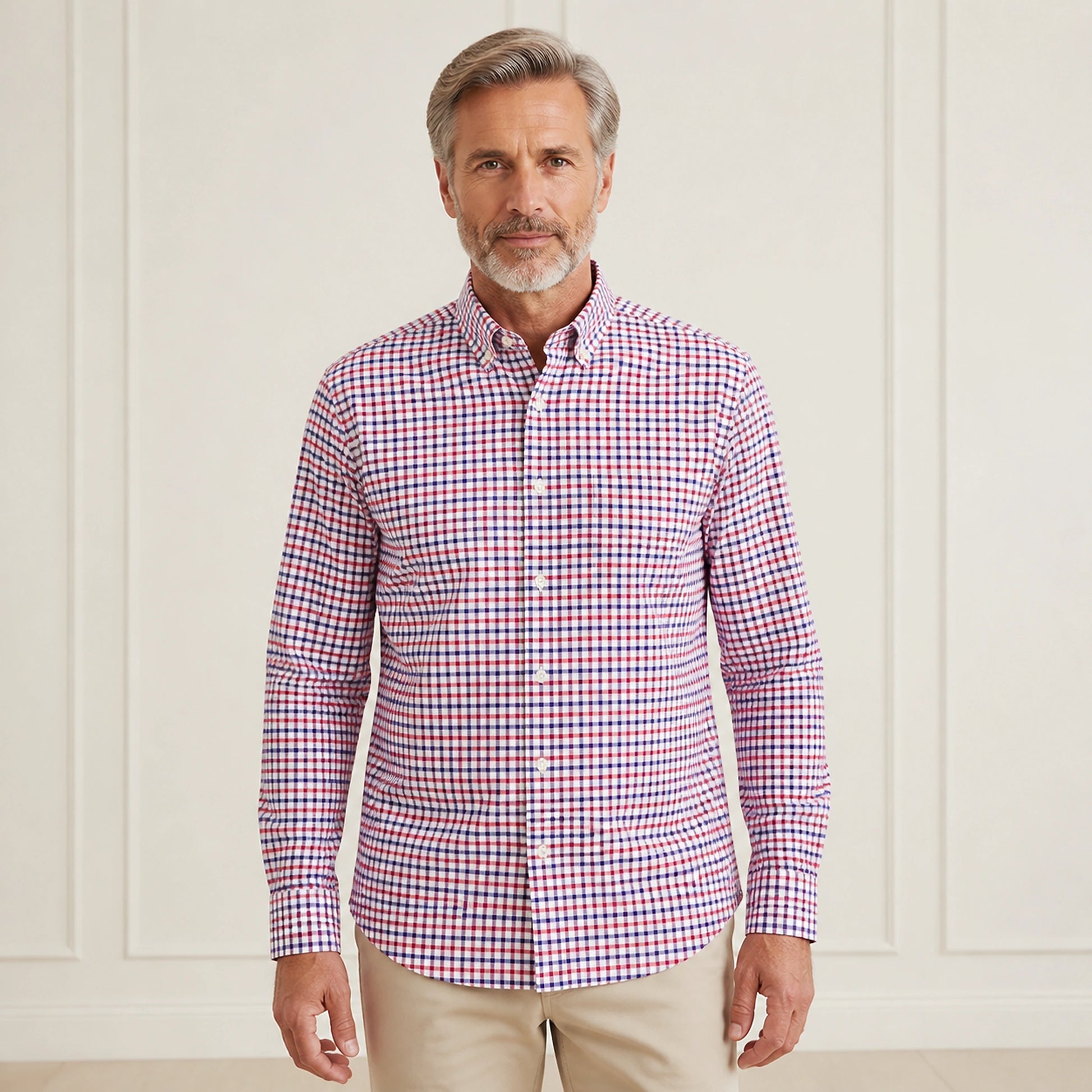 Red Blue Gingham slim fit cotton Oxford shirt front view on a mature male model — view 9