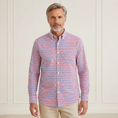 Red Blue Gingham slim fit cotton Oxford shirt front view on a mature male model — view 9