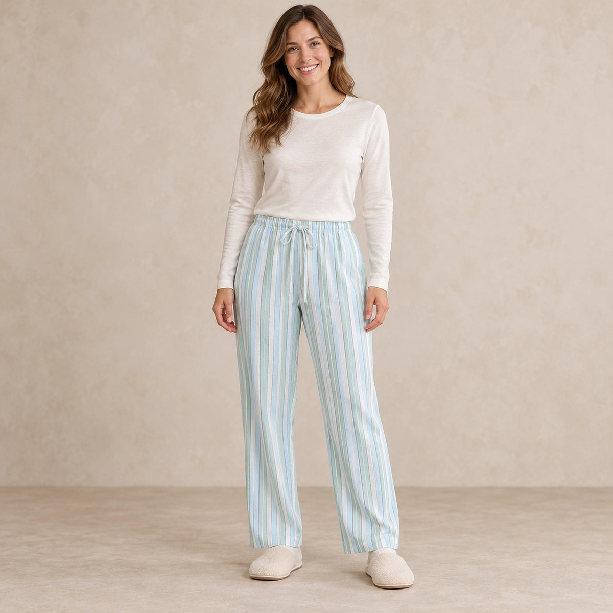 Women's and Men's Cotton Drawstring Pajama Pants — Aria, Mint Stripe, complete front view, worn by an adult model