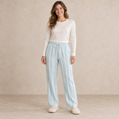 Women's and Men's Cotton Drawstring Pajama Pants — Aria, Mint Stripe, complete front view, worn by an adult model