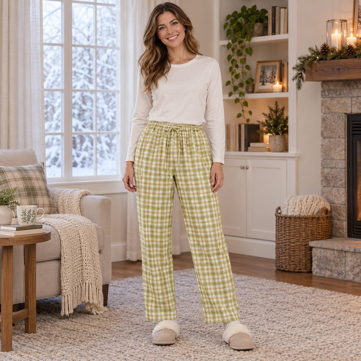 Women's and Men's Cotton Drawstring Pajama Pants — Aria, Yellow Green Plaid, complete front view, worn by an adult — view 10
