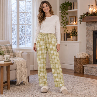 Women's and Men's Cotton Drawstring Pajama Pants — Aria, Yellow Green Plaid, complete front view, worn by an adult — view 10