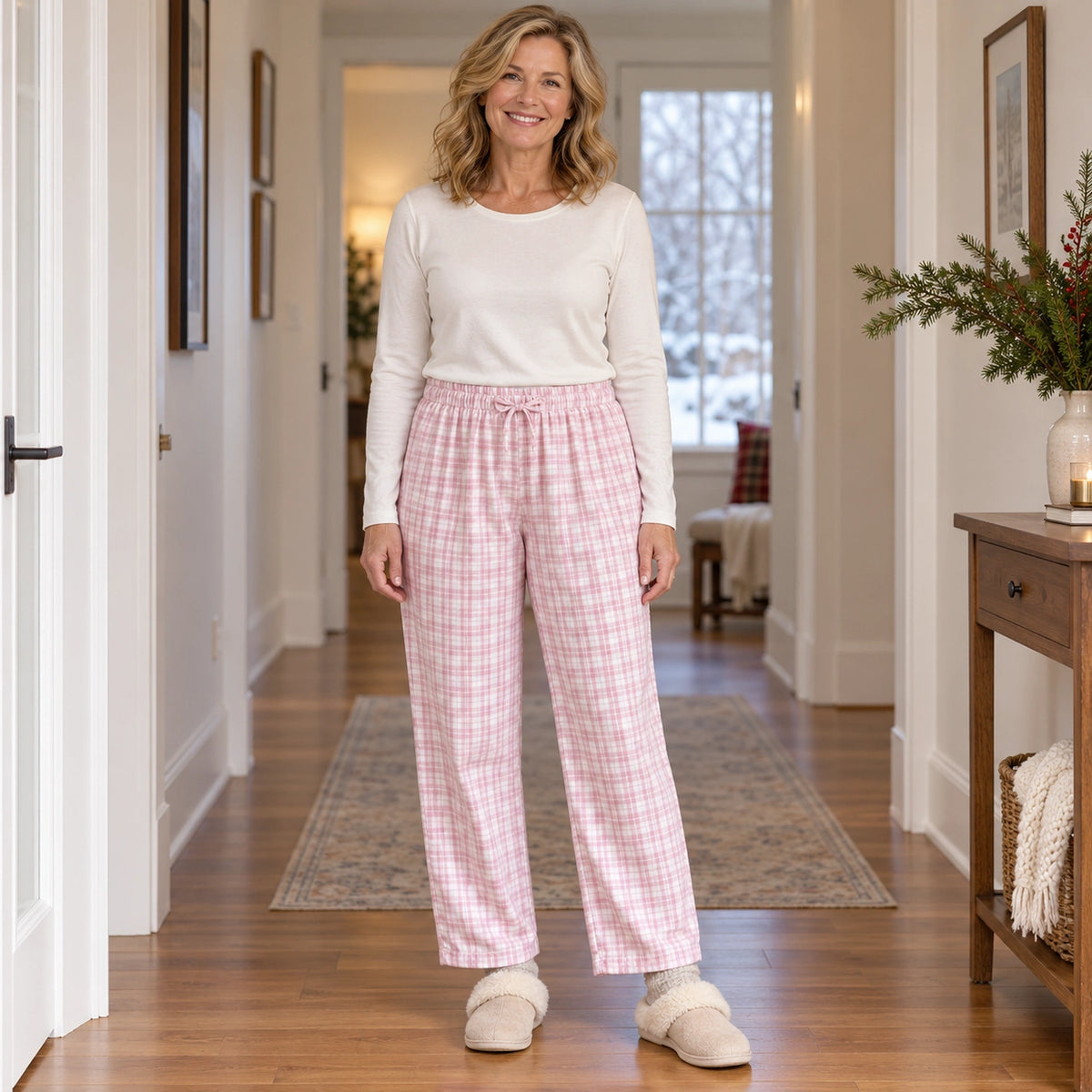 Women's and Men's Cotton Drawstring Pajama Pants — Aria, Pink White Plaid, complete front view, worn by an adult — view 11