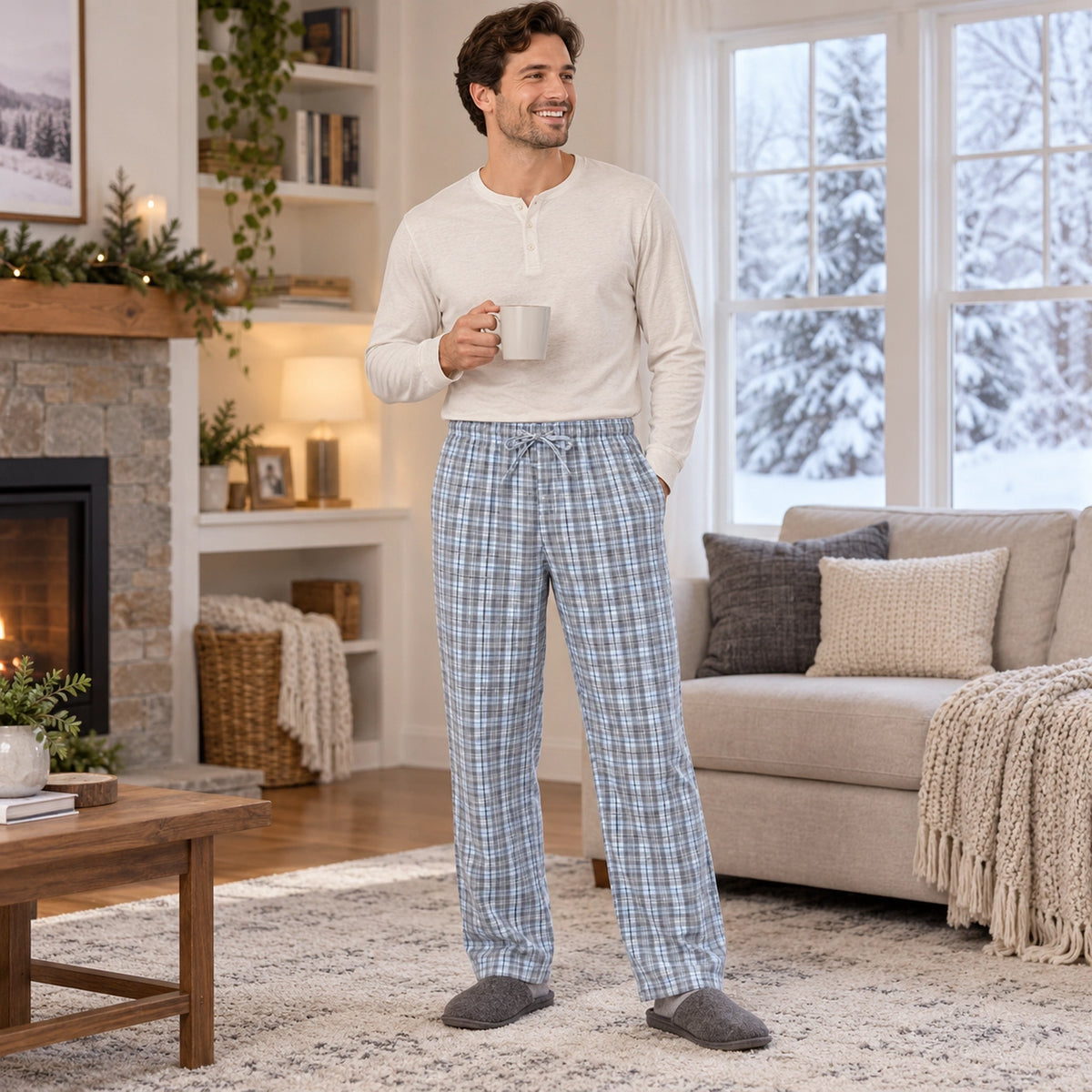 Women's and Men's Cotton Drawstring Pajama Pants — Aria, Blue Gray Plaid, view, worn by an adult model, Usa Canada — view 13