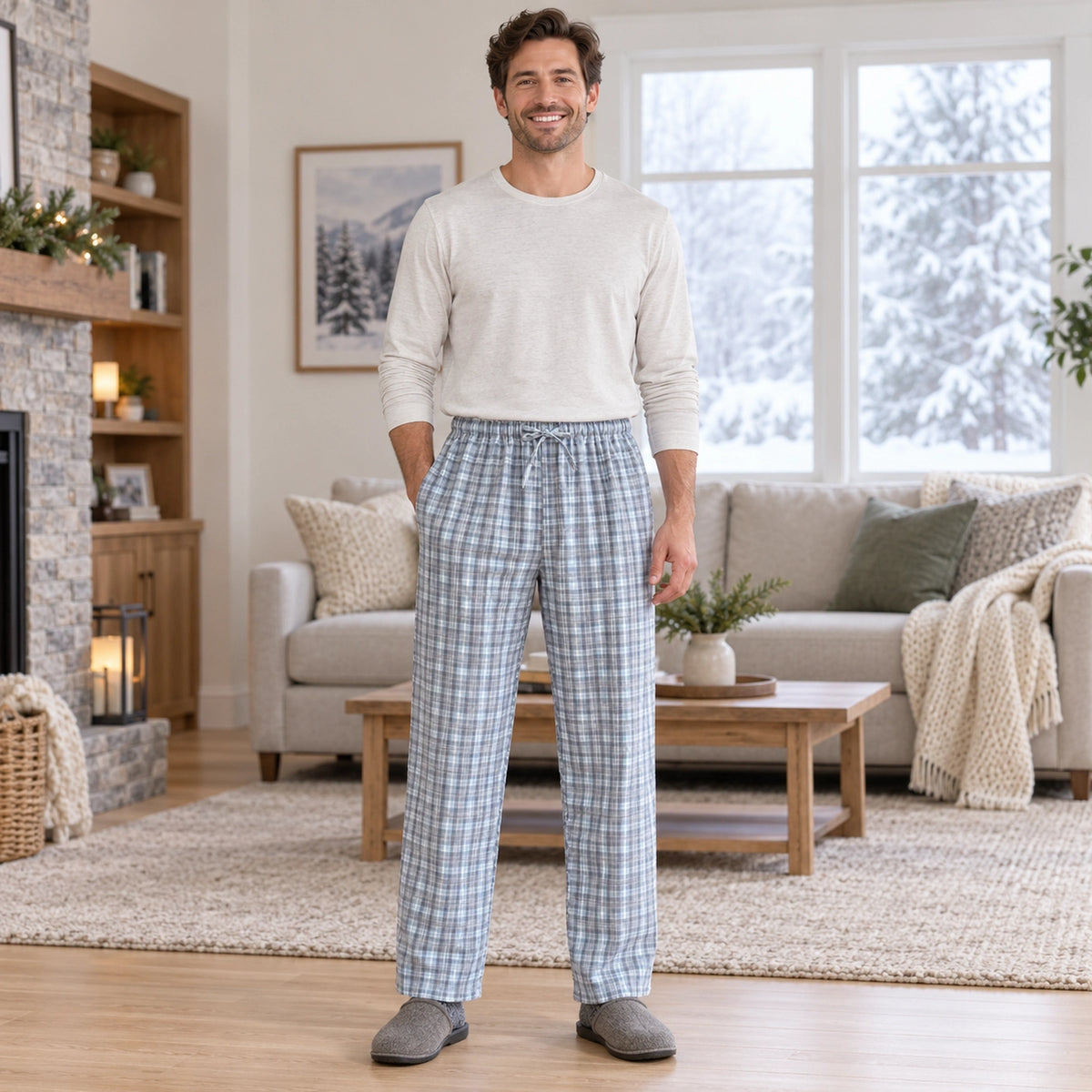 Women's and Men's Cotton Drawstring Pajama Pants — Aria, Blue Gray Plaid, complete front view, worn by an adult — view 3