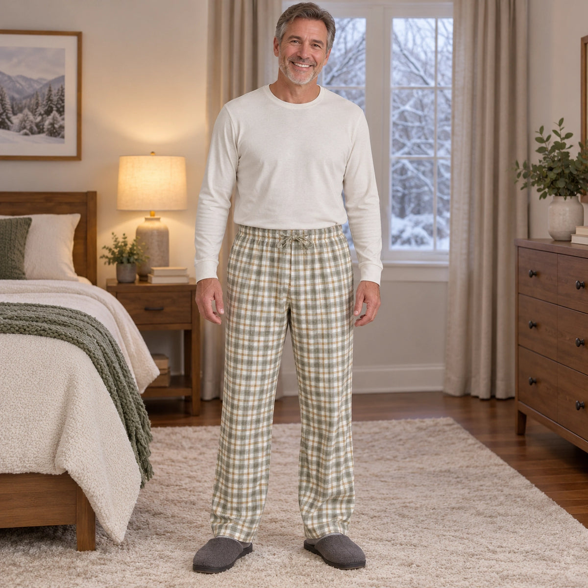 Women's and Men's Cotton Drawstring Pajama Pants — Aria, Olive Gray Plaid, complete front view, worn by an adult — view 4