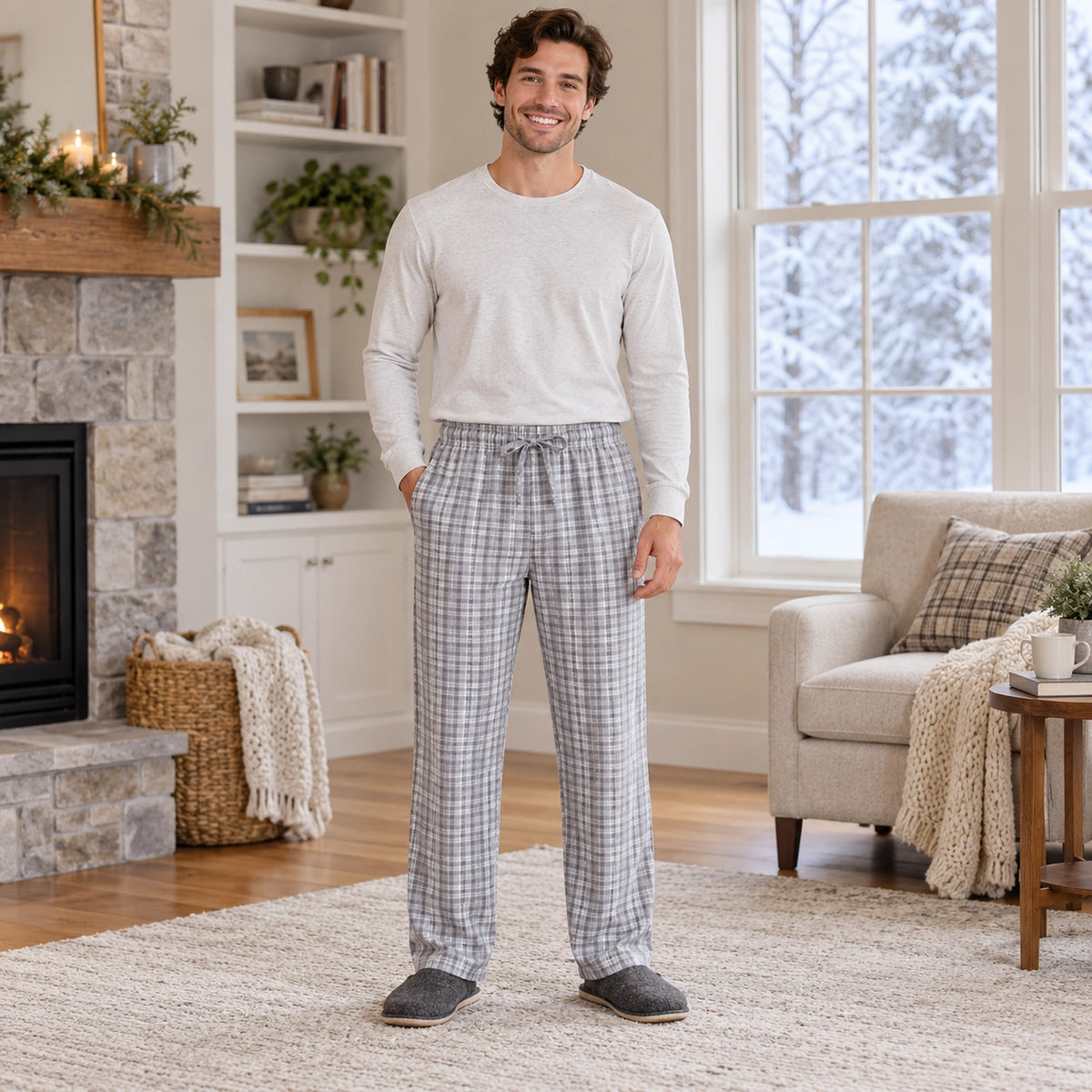 Women's and Men's Cotton Drawstring Pajama Pants — Aria, Charcoal Gray Plaid, complete front view, worn by an adult — view 5