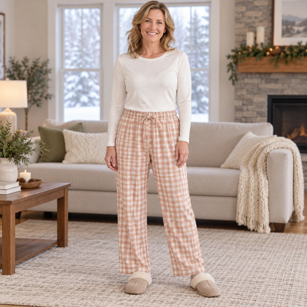 Women's and Men's Cotton Drawstring Pajama Pants — Aria, Peach Plaid, complete front view, worn by an adult model — view 8