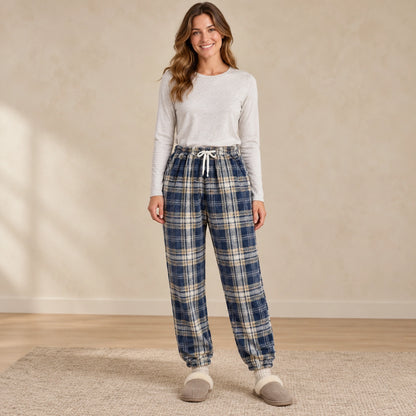 Women's and Men's Plaid Cuffed Pajama Pants — Violet, Navy complete front view, worn by an adult model, professional image