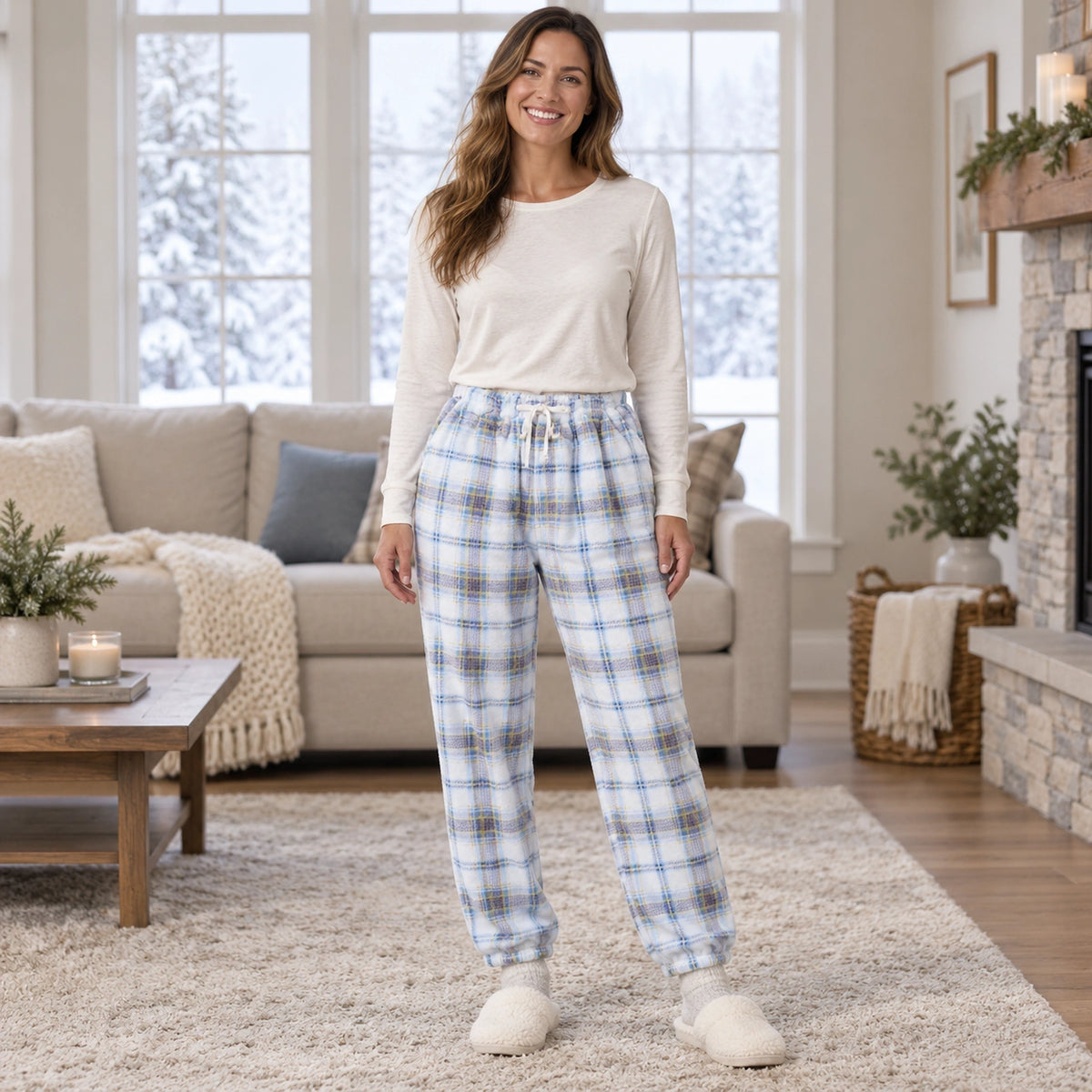 Women's and Men's Plaid Cuffed Pajama Pants — Violet, Light Blue complete front view, worn by an adult model, Usa — view 3