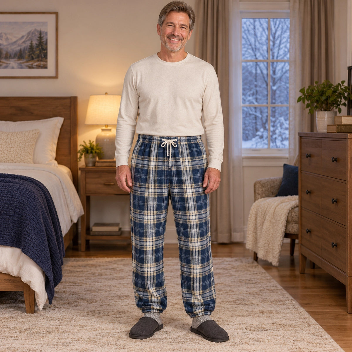 Women's and Men's Plaid Cuffed Pajama Pants — Violet, Navy complete front view, worn by an adult model, Usa Canada — view 4